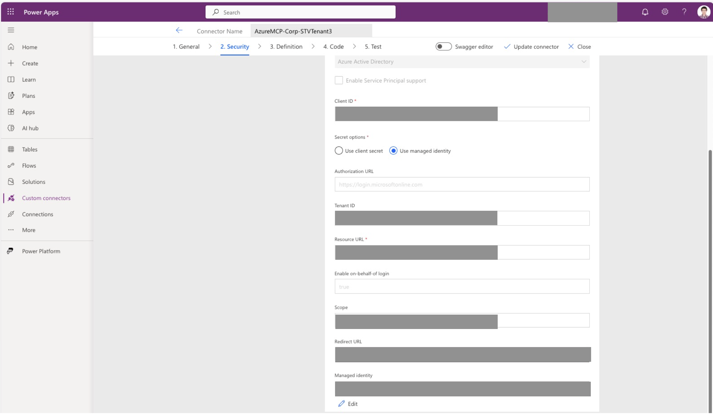 Zrzut ekranu przedstawiający etap zabezpieczeń z protokołem OAuth 2.0 i Azure Active Directory, identyfikatorem klienta, opcją tajnego klucza, identyfikatorem dzierżawy, adresem URL zasobu, zakresem oraz włączonym logowaniem w imieniu użytkownika.