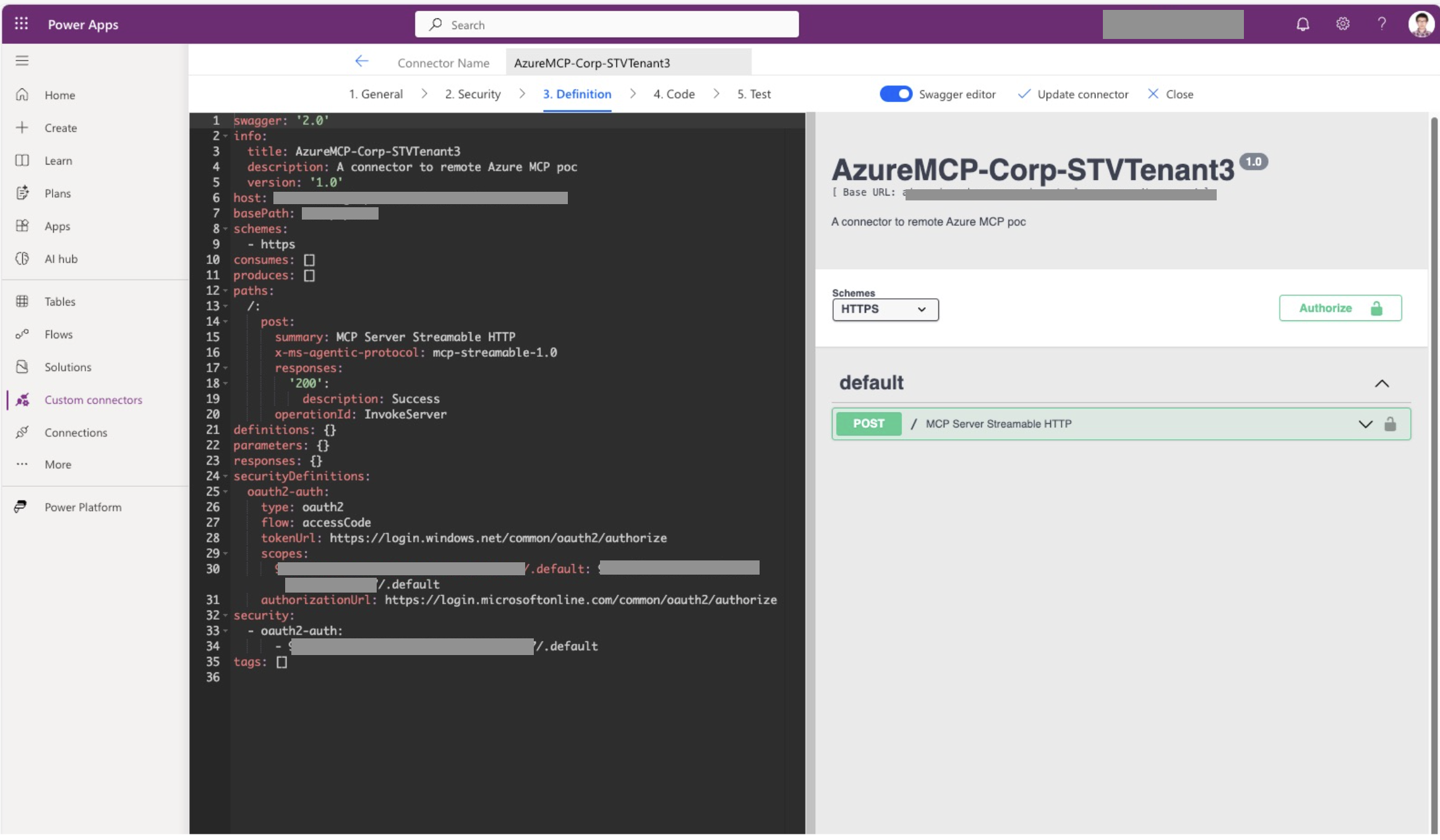 Zrzut ekranu edytora Swagger z wybraną metodą główną POST i niestandardową właściwością x-ms-agentic-protocol ustawioną na wartość mcp-streamable-1.0 na potrzeby interakcji z programem MCP.
