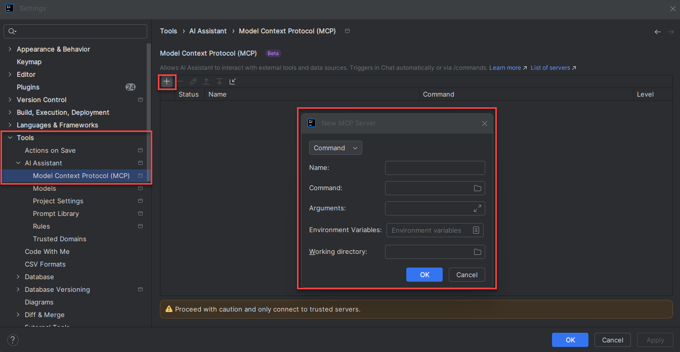 Zrzut ekranu przedstawiający sposób konfigurowania serwera MCP w środowisku IntelliJ.