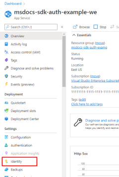 Zrzut ekranu przedstawiający lokalizację elementu menu Tożsamość w menu po lewej stronie dla zasobu platformy Azure.