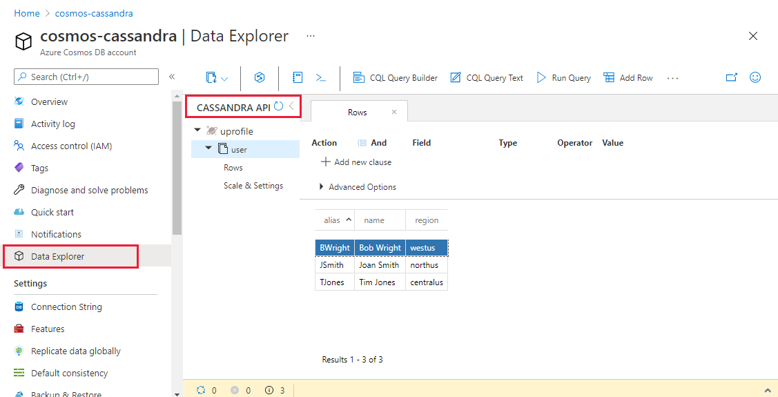 Use the Azure Cosmos DB explorer, found at `https://cosmos.azure.com/`, to view and work with your Cassandra DB database.