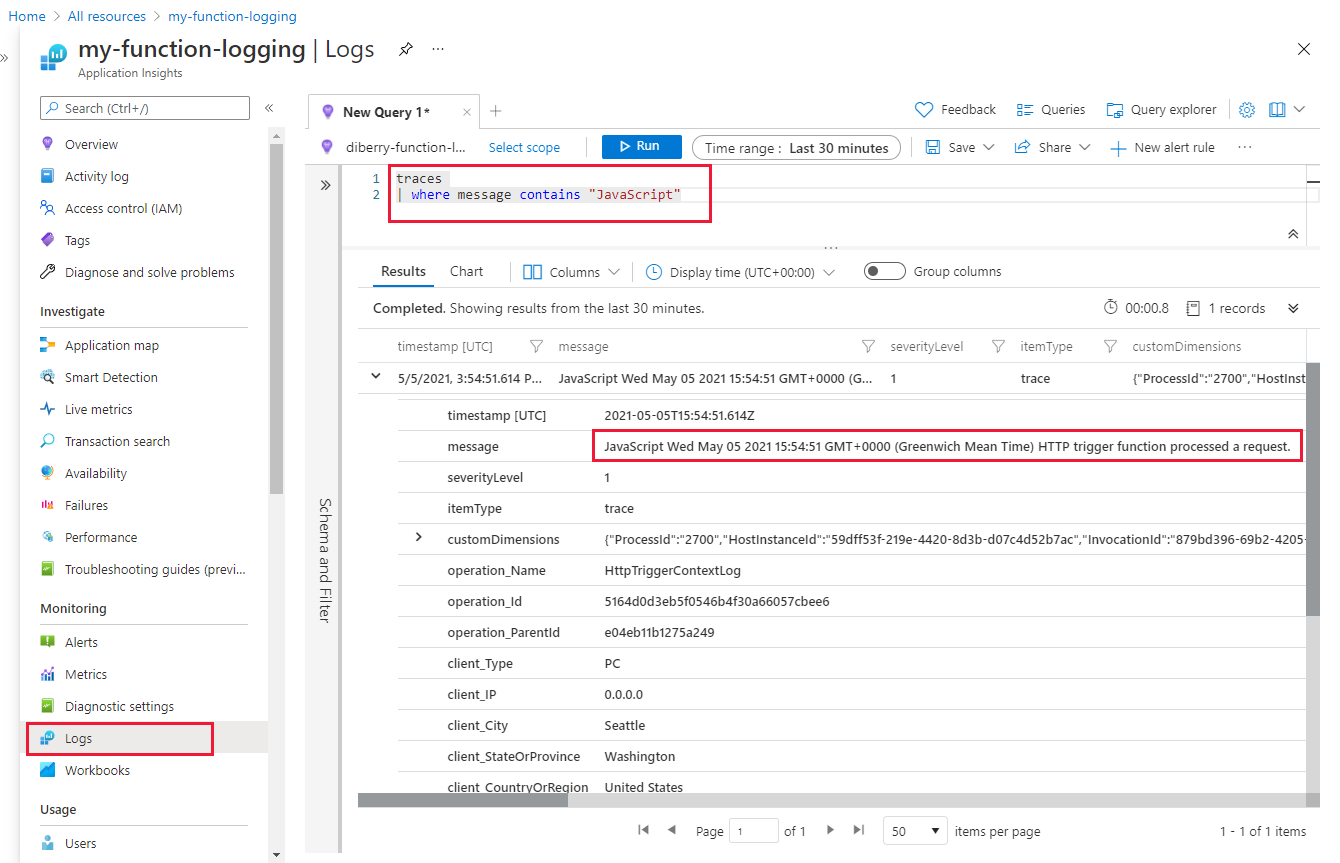 If you prefix your custom log with a specific string, such as `JavaScript`, you can search the Trace table for any messages that contain that prefix when you want to reduce your log to just those custom entries.