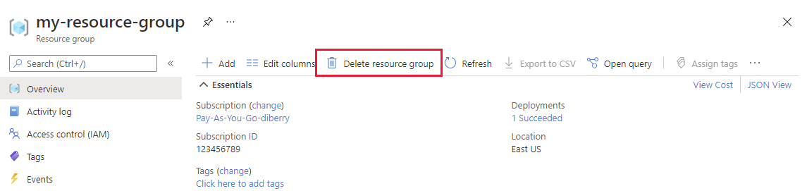 Partial screen shot of Azure portal, selecting `Delete resource group` from Resource group page.