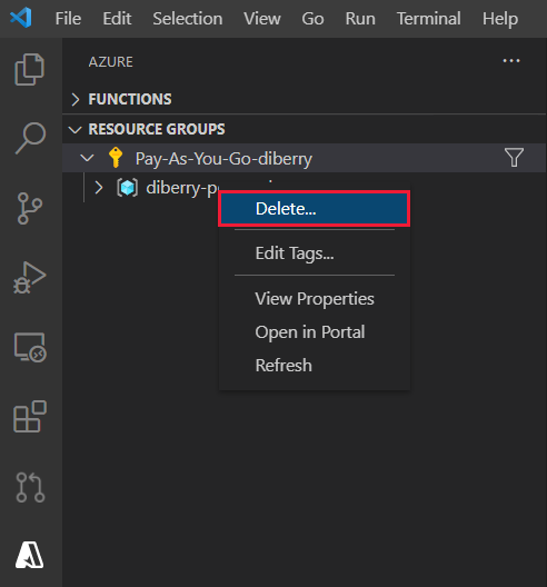 Partial screen shot of VS Code, selecting resource group from list of resource groups, then right-clicking to select `Delete`.