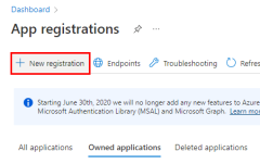 A screenshot showing the location of the New registration button in the App registrations page.