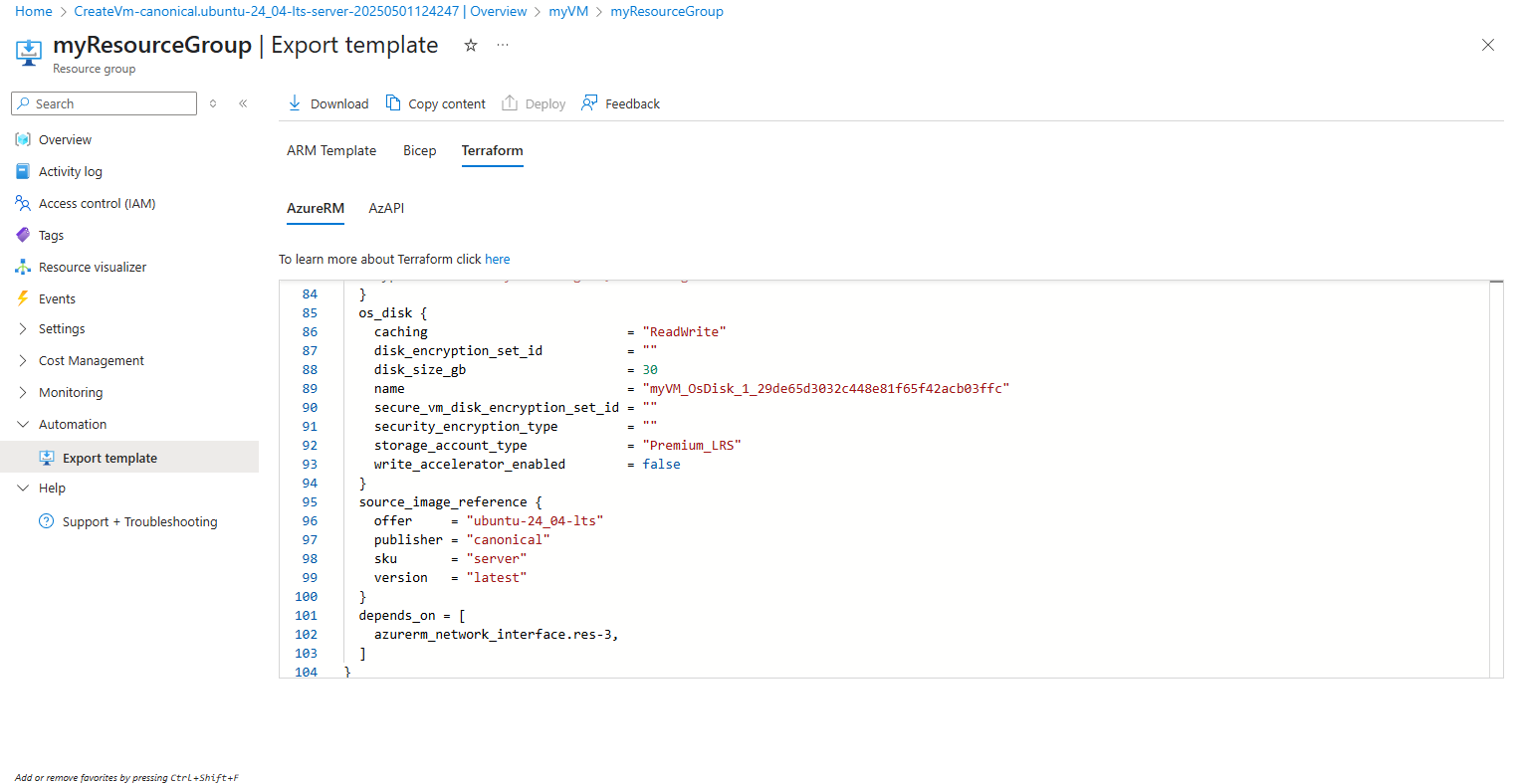 Zrzut ekranu przedstawiający eksportowanie danych wyjściowych programu Terraform w witrynie Azure Portal.