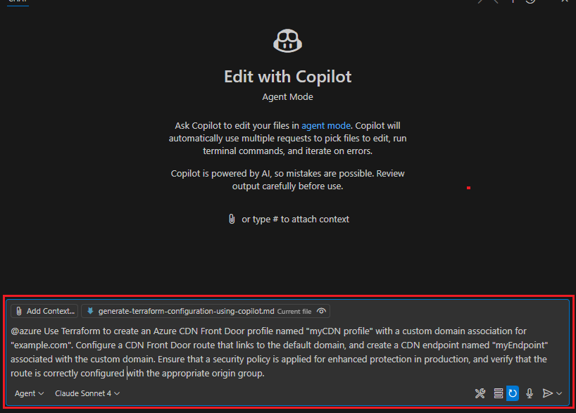 Zrzut ekranu przedstawiający monit o konfigurację narzędzia Terraform przy użyciu narzędzia Copilot w programie VS Code.