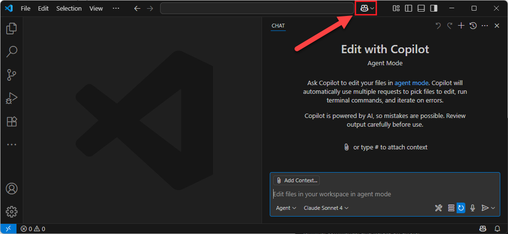 Zrzut ekranu przedstawiający opcję Przełączanie czatu Copilot w programie VS Code.