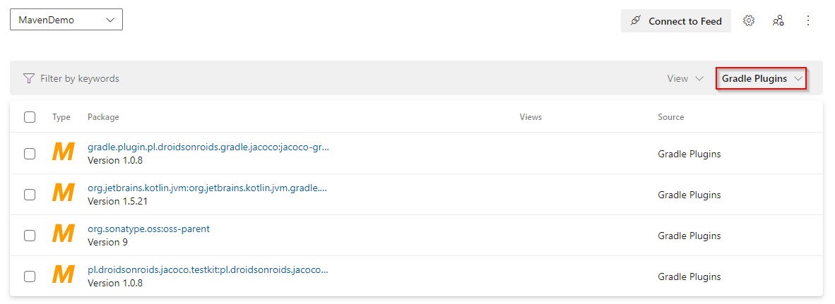 Zrzut ekranu przedstawiający pakiety z wtyczki Gradle.