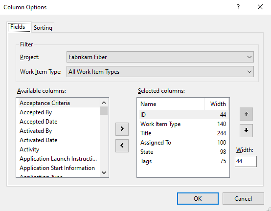 Okno dialogowe Opcje kolumn, Program Visual Studio, karta Pola.