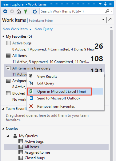 Zrzut ekranu przedstawiający program Team Explorer, elementy robocze, zapytanie, menu kontekstowe.