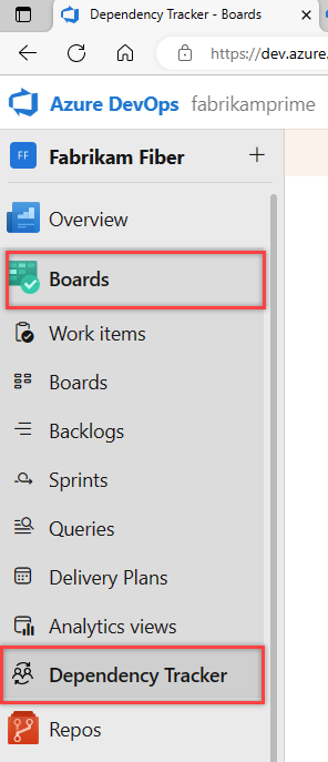 Zrzut ekranu przedstawiający centrum Śledzenie zależności w usłudze Azure Boards.