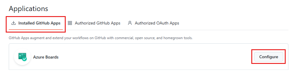 Screenshot pokazuje zainstalowane aplikacje GitHub z Azure Boards i opcję Konfiguruj.