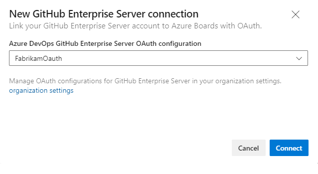 Zrzut ekranu przedstawiający okno dialogowe Nowe połączenie z usługą GitHub Enterprise i połączenie OAuth.