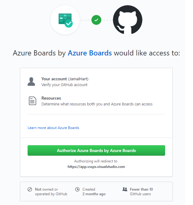 Zrzut ekranu przedstawiający okno dialogowe autoryzacji usługi Azure Boards.