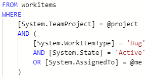 Zrzut ekranu przedstawiający wyrażenie logiczne. Operator AND grupuje typ elementu roboczego, stan i Przypisano do pól. Operator OR grupuje pole State (Stan) i Assigned (Przypisane do pól).