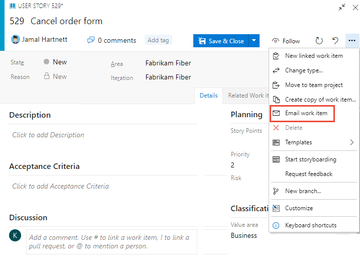 Zrzut ekranu przedstawiający formularz elementu roboczego, menu kontekstowe, opcję Elementy robocze wiadomości e-mail.