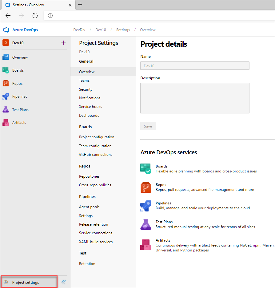 Zrzut ekranu przedstawiający stronę Ustawień projektu, wersje usługi Azure DevOps Server.
