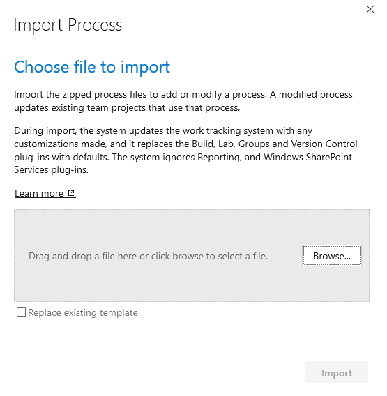 Okno dialogowe Importowanie procesu, wybierz plik procesu do zaimportowania.