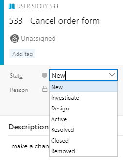 Zrzut ekranu przedstawiający menu rozwijane ze stanami scenariusza użytkownika.