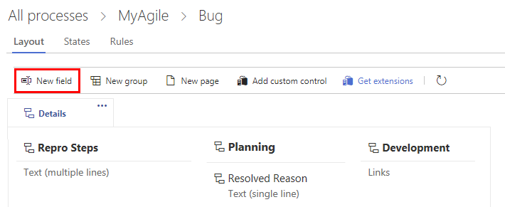 Strona Process Work Item Types (Przetwarzanie typów elementów roboczych), Add a field to a WIT (Dodawanie pola do funkcji WIT)