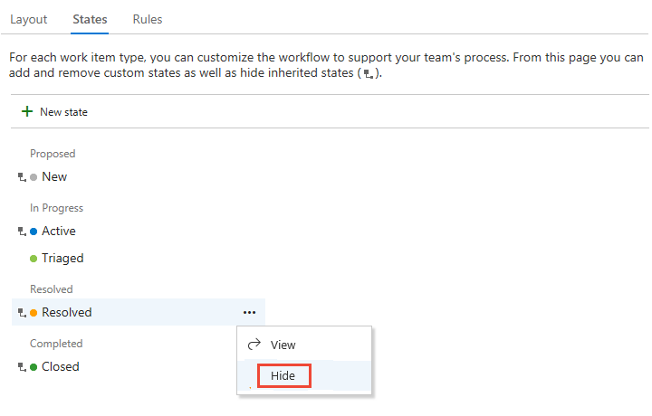 Zrzut ekranu przedstawiający typ usterki z wybranym stanem oraz z menu kontekstowym, w którym opcja „Ukryj” jest wyświetlana.