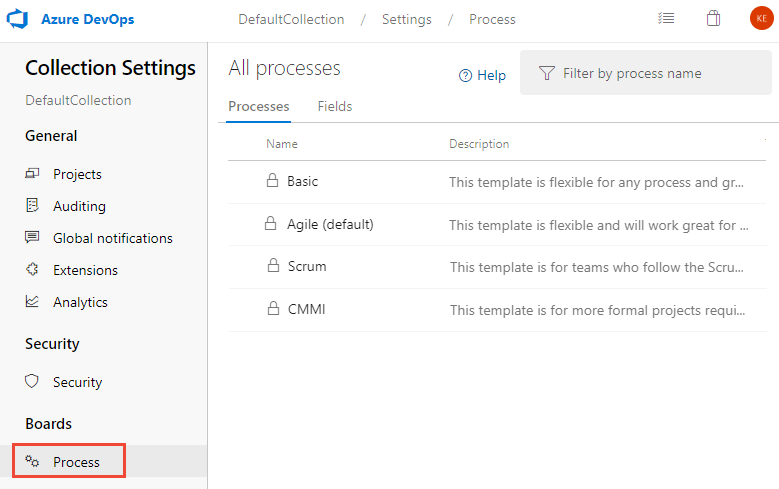 Zrzut ekranu przedstawiający wyróżniony przycisk Proces w ustawieniach kolekcji.