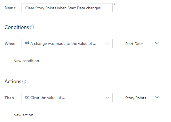 Zrzut ekranu przedstawiający regułę niestandardową, aby wyczyścić wartość punktów historii po zmianie daty rozpoczęcia.
