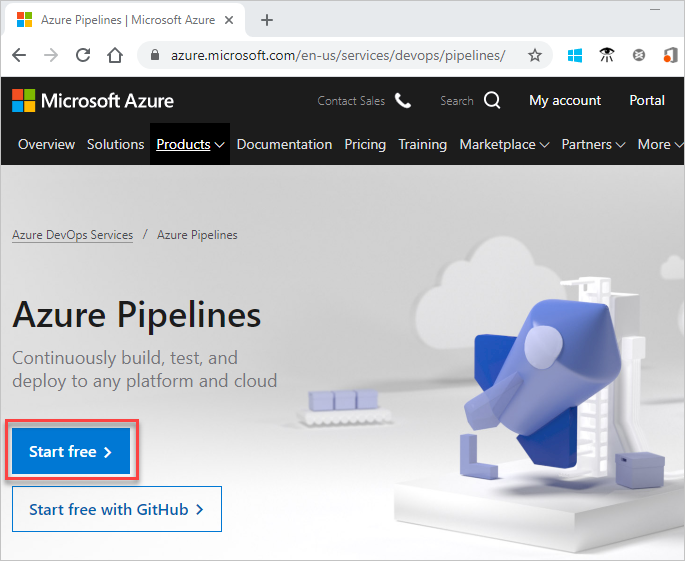 Zrzut ekranu przedstawiający stronę Rozpocznij bezpłatnie za pomocą usługi Azure Pipelines.