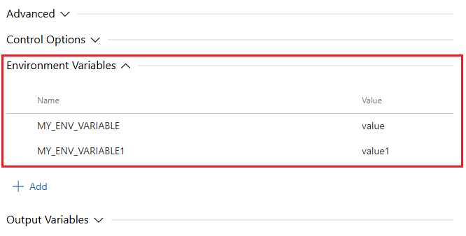 Zrzut ekranu przedstawiający zmienne środowiskowe zadania.