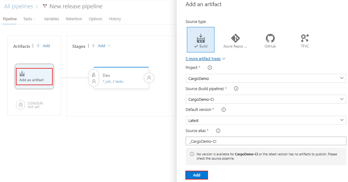 Zrzut ekranu przedstawiający sposób dodawania artefaktu do klasycznego potoku wydania.