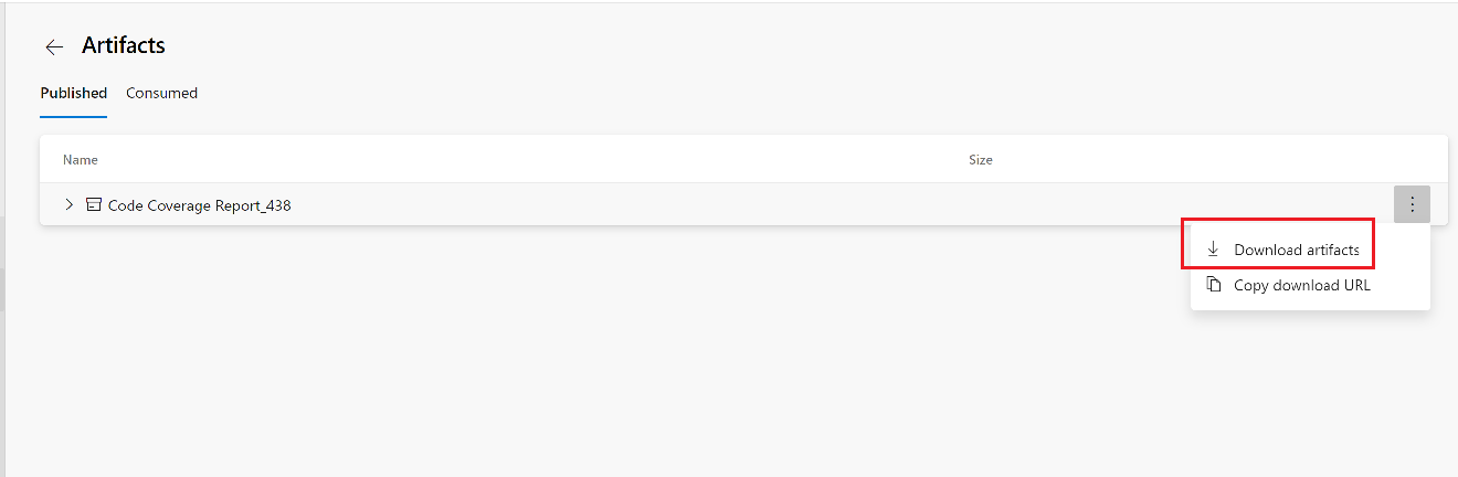 Zrzut ekranu przedstawiający link Pobierz artefakty dla raportu pokrycia kodu w obszarze Artefakty.