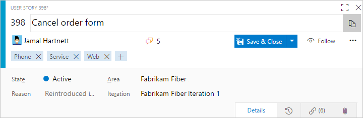 Zrzut ekranu przedstawiający element nagłówka w formularzu internetowym elementu roboczego.