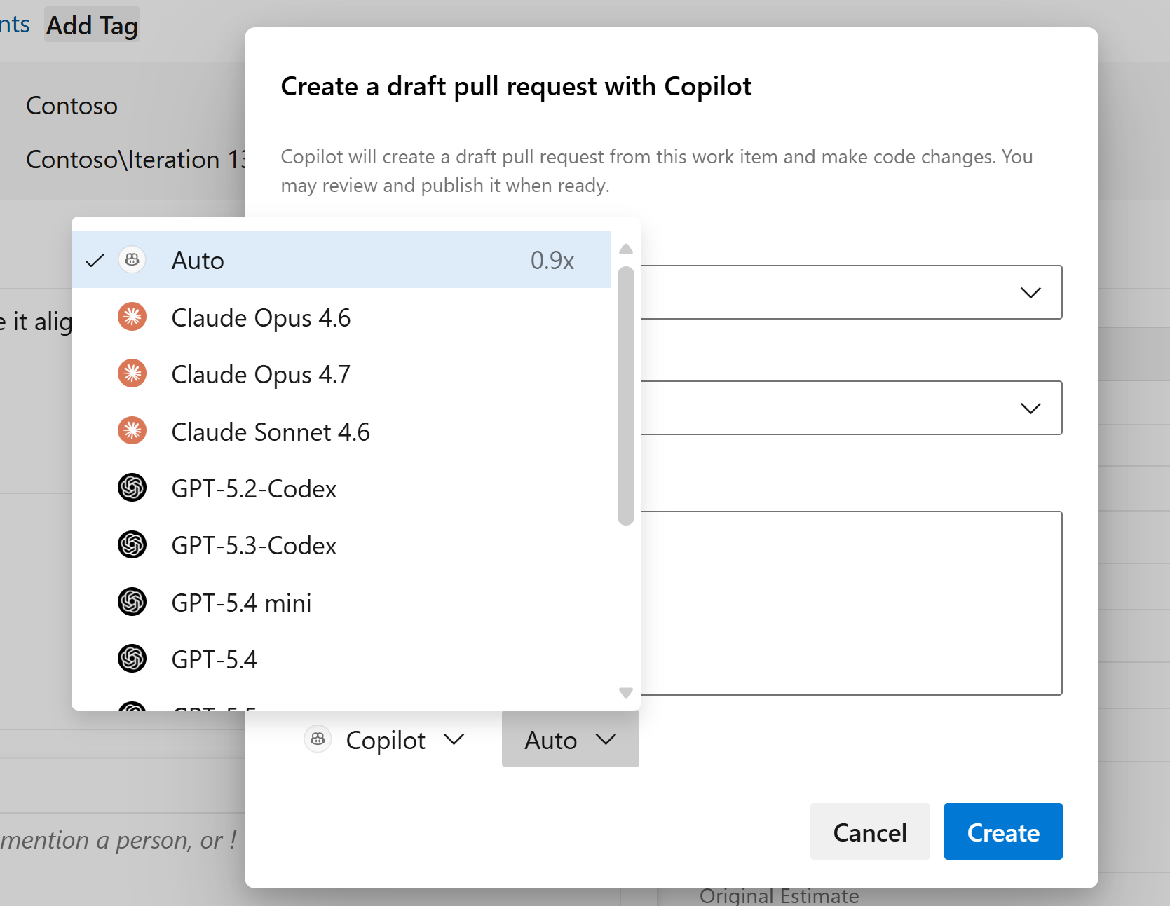 Opcja wyboru modelu agenta kodowania w Azure Boards