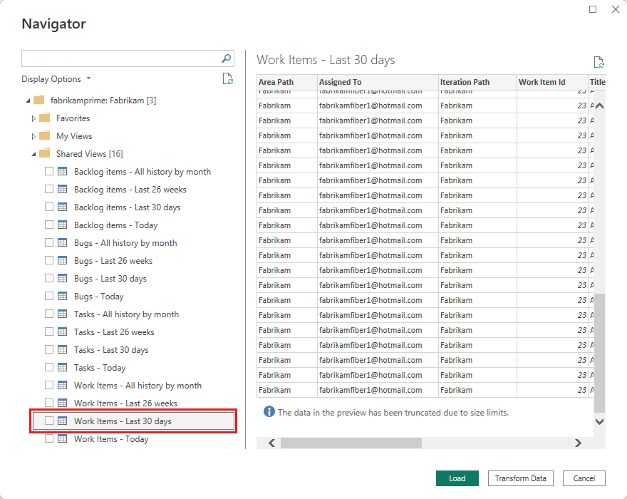 Zrzut ekranu przedstawiający okno dialogowe Nawigator. Widok Elementy robocze — ostatnie 30 dni jest zaznaczony i wyróżniony, a jego podgląd jest widoczny.