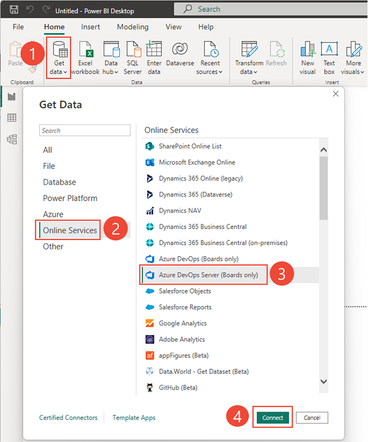 Zrzut ekranu usługi Power BI Connect to Azure DevOps Server (Tylko tablice).