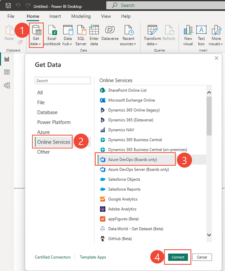 Zrzut ekranu przedstawiający usługę Power BI, Połączenie do usługi Azure DevOps (tylko usługi Boards).