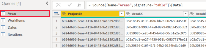 Zrzut ekranu przedstawiający listę zapytań źródła danych OData usługi Power BI.
