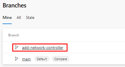 Zrzut ekranu listy gałęzi, przedstawiający twoją nową gałąź.
