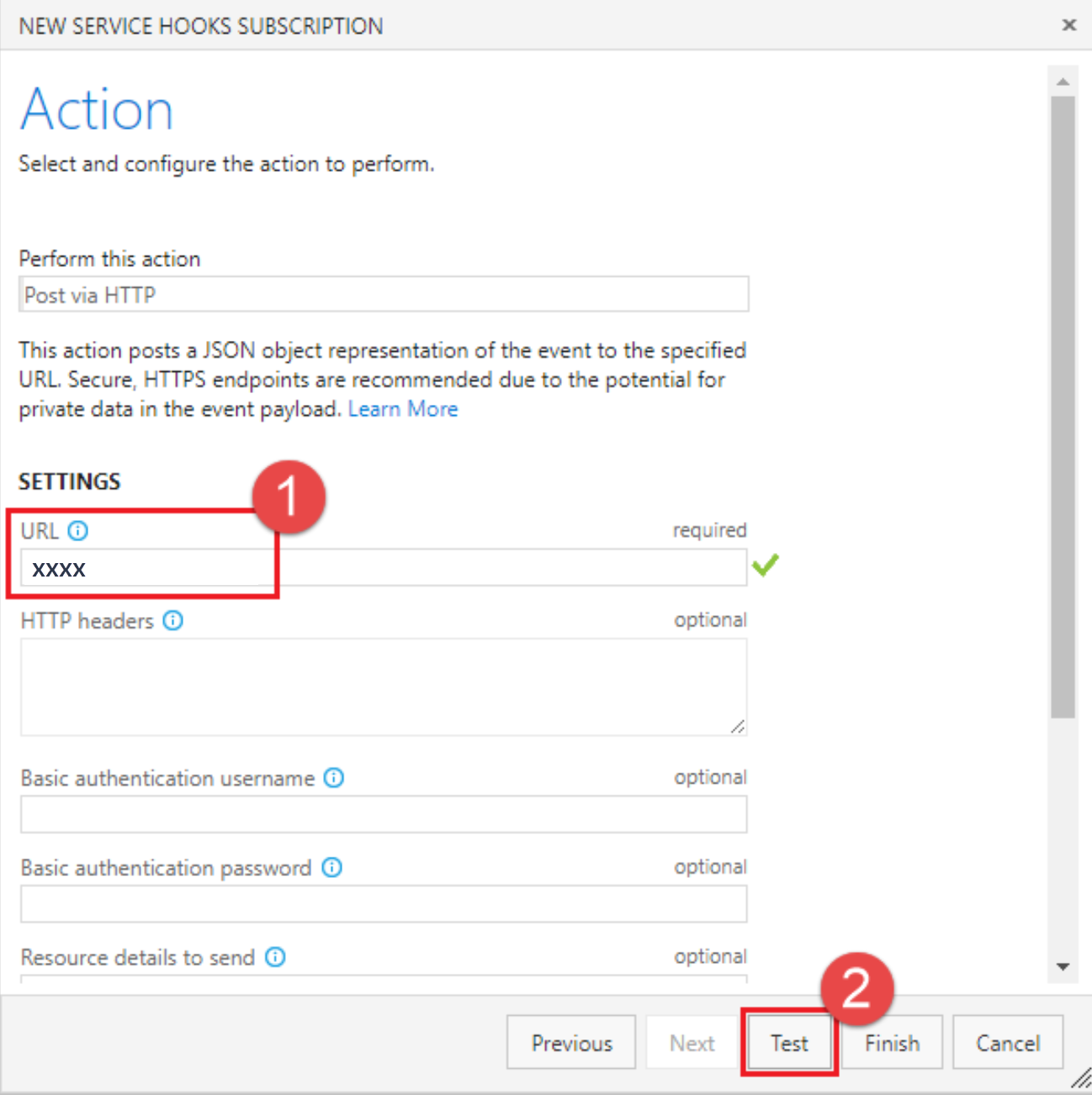 Zrzut ekranu przedstawia wprowadzony adres URL i wybrany test, aby przetestować punkt zaczepienia usługi.