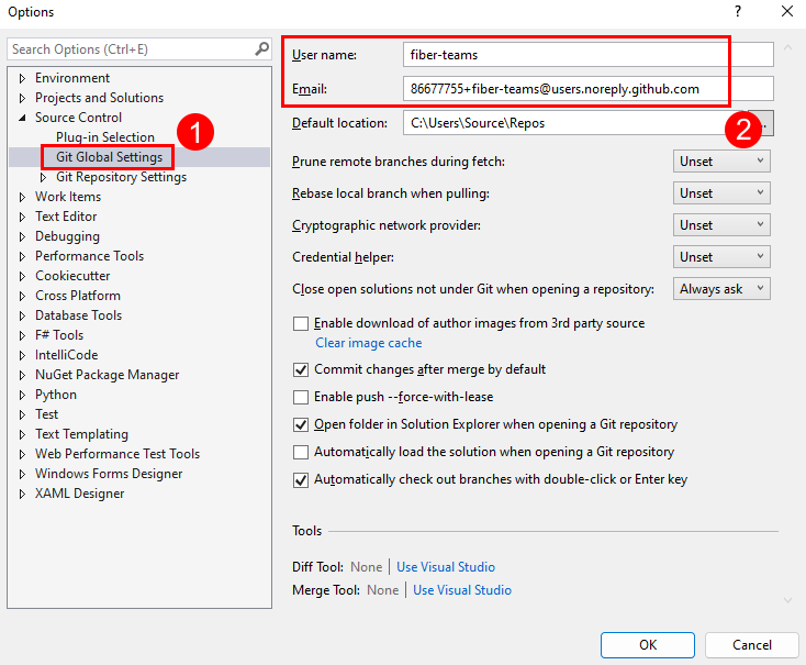 Zrzut ekranu przedstawiający ustawienia nazwy i wiadomości e-mail w Ustawienia globalnej usługi Git w oknie dialogowym Opcje programu Visual Studio.