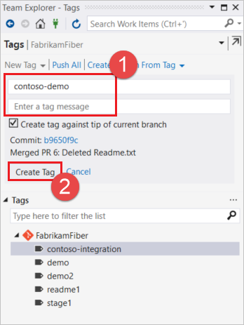 Wybierz pozycję Utwórz tag w programie Visual Studio.