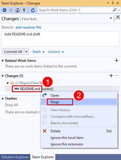 Zrzut ekranu przedstawiający opcję Etap w menu kontekstowym zmienionego pliku w programie Team Explorer w programie Visual Studio 2019.