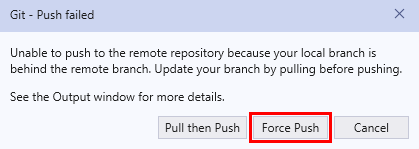 Zrzut ekranu przedstawiający okno dialogowe Niepowodzenia wypychania Git w programie Visual Studio 2019.