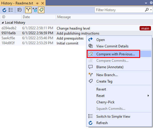 Zrzut ekranu przedstawiający opcję Porównaj z poprzednimi w menu kontekstowym zatwierdzenia w widoku Historia zatwierdzeń w programie Visual Studio.