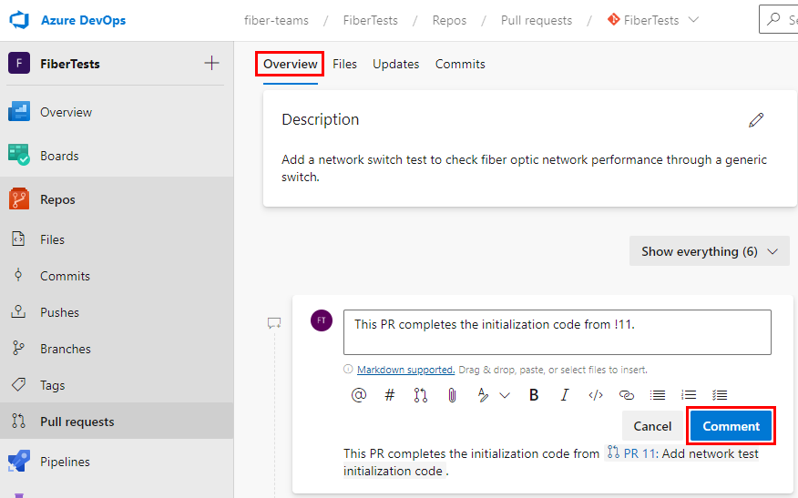 Zrzut ekranu przedstawiający pole komentarza na karcie Przegląd usługi Azure Repos P R.