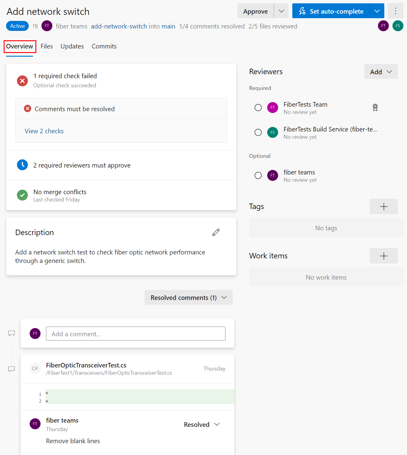 Zrzut ekranu przedstawiający kartę Przegląd żądania ściągnięcia usługi Azure Repos.