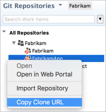 Skopiuj adres URL klonowania repozytorium Git w programie Team Explorer Wszędzie, klikając prawym przyciskiem myszy