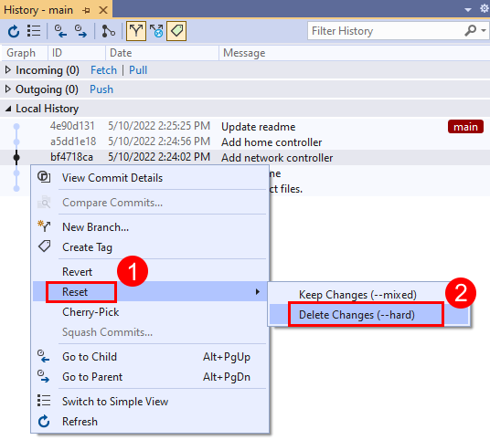 Zrzut ekranu przedstawiający opcję Resetuj w menu kontekstowym zatwierdzenia w oknie Historia w programie Visual Studio 2019.