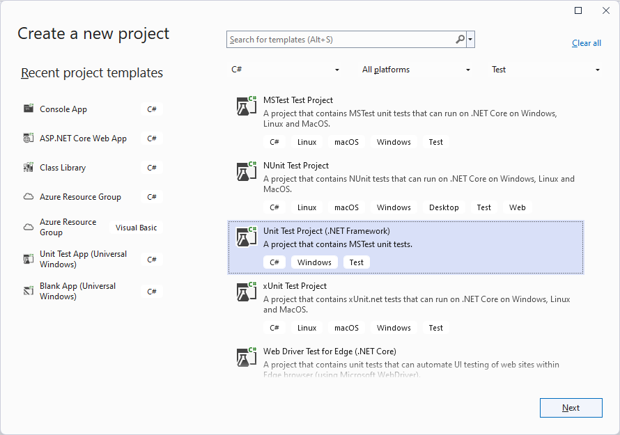 Zrzut ekranu przedstawiający test jednostkowy wybrany w oknie dialogowym Tworzenie nowego projektu.